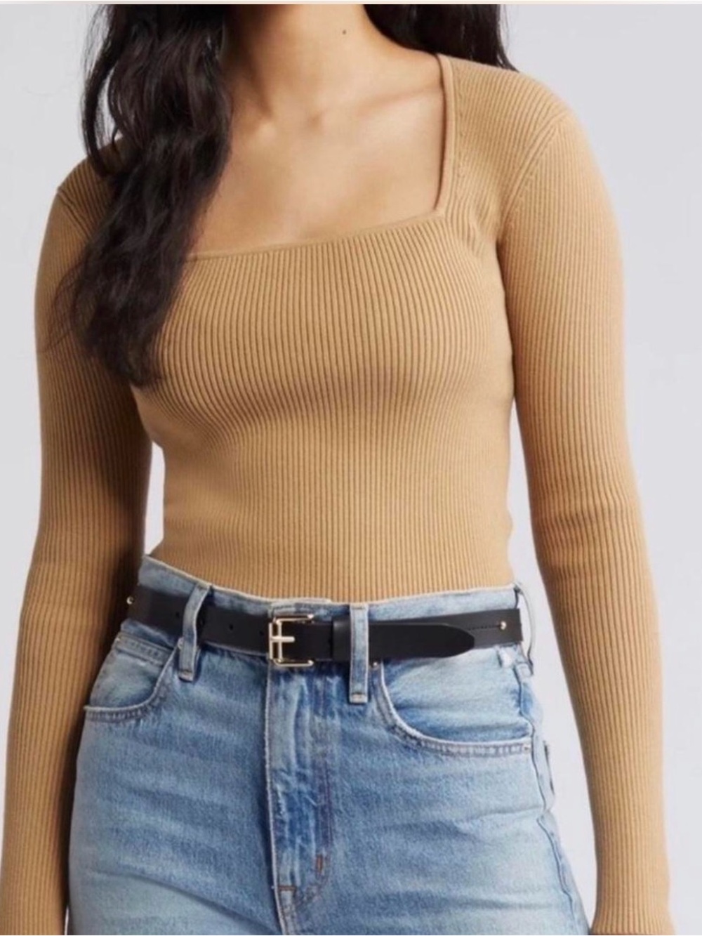 Square Neck Ribbed Long Sleeve Top - Camel